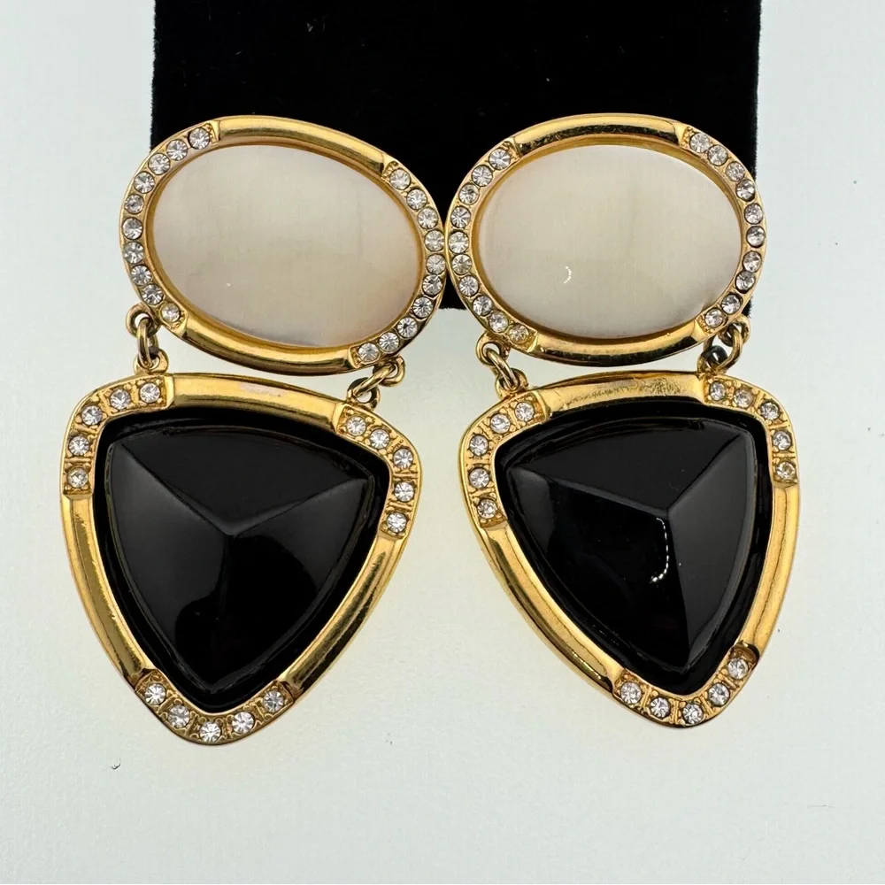Vintage 80’s Elegant Gold and Black Dangle Clip Earrings - Picture 1 of 8